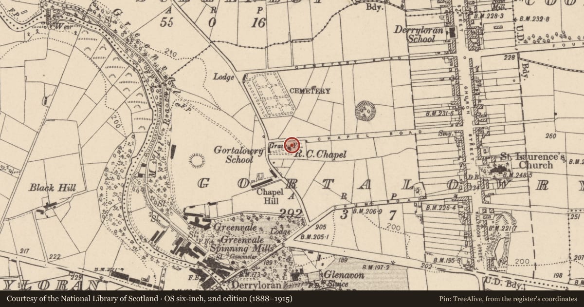 Ordnance Survey six-inch map, 2nd edition (1888–1915) covering the location of R C Chapel, Gortalowry, Mid Ulster, with a pin at the register's coordinates