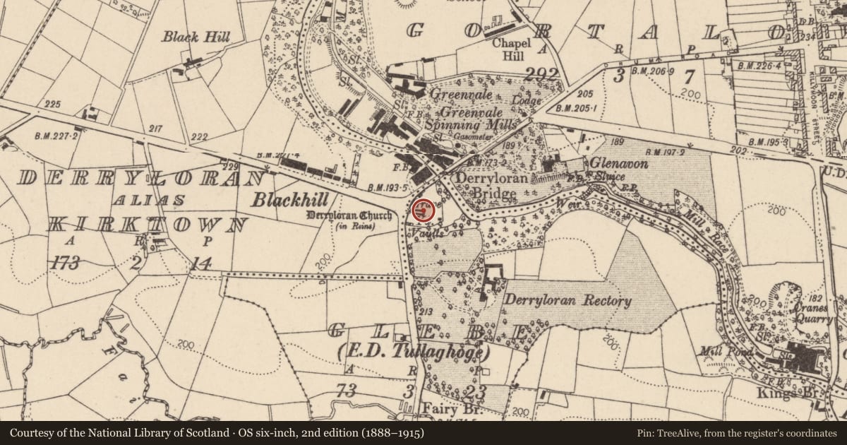 Ordnance Survey six-inch map, 2nd edition (1888–1915) covering the location of Derryloran Old Churchyard, corner of Sandholes Road and Drum Road, Cookstown, Co Tyrone, Glebe, Mid Ulster, with a pin at the register's coordinates