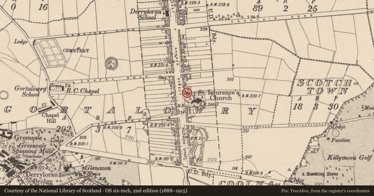Ordnance Survey six-inch map, 2nd edition (1888–1915) covering the location of Gortalowry House, 94 Church Street, Cookstown, BT80 8HX, Mid Ulster, with a pin at the register's coordinates