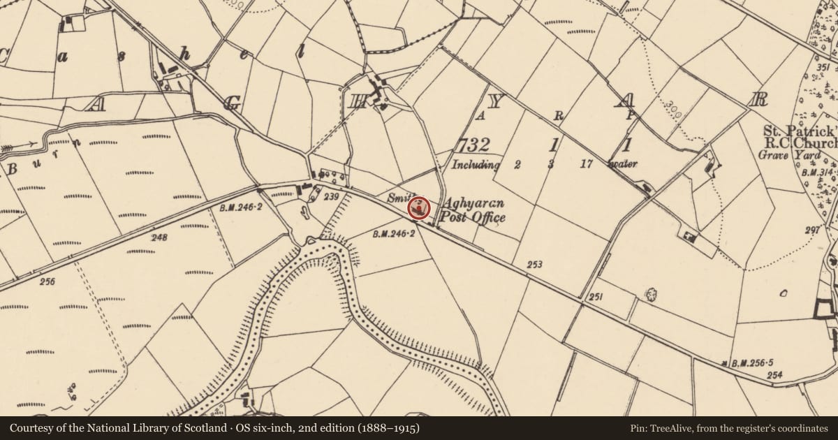 Ordnance Survey six-inch map, 2nd edition (1888–1915) covering the location of Former Smithy (Aghyaran Post Office), Derry City and Strabane, with a pin at the register's coordinates