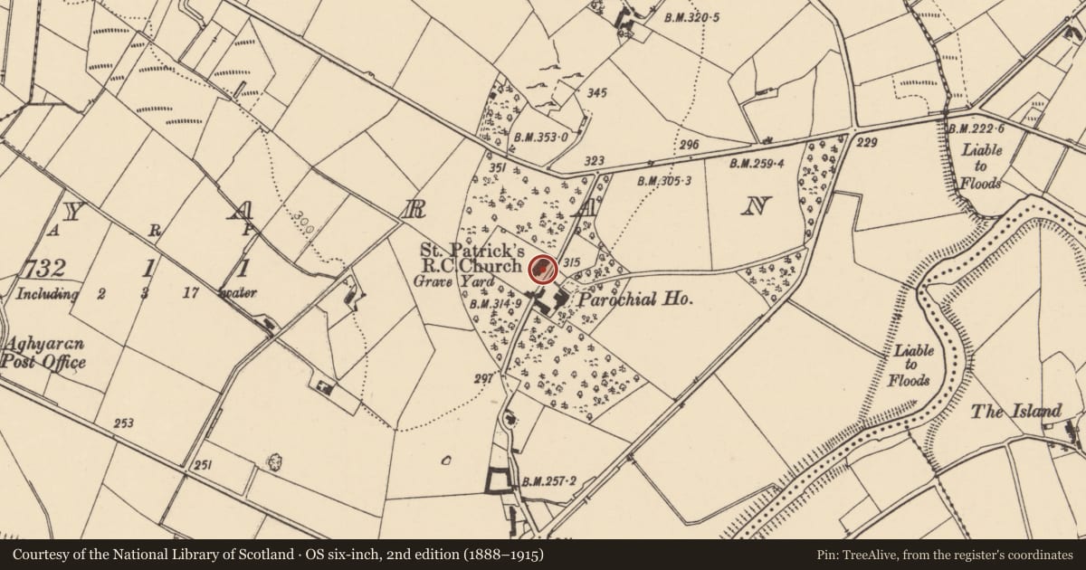 Ordnance Survey six-inch map, 2nd edition (1888–1915) covering the location of St Patrick's RC Church, Aghyaran, Derry City and Strabane, with a pin at the register's coordinates