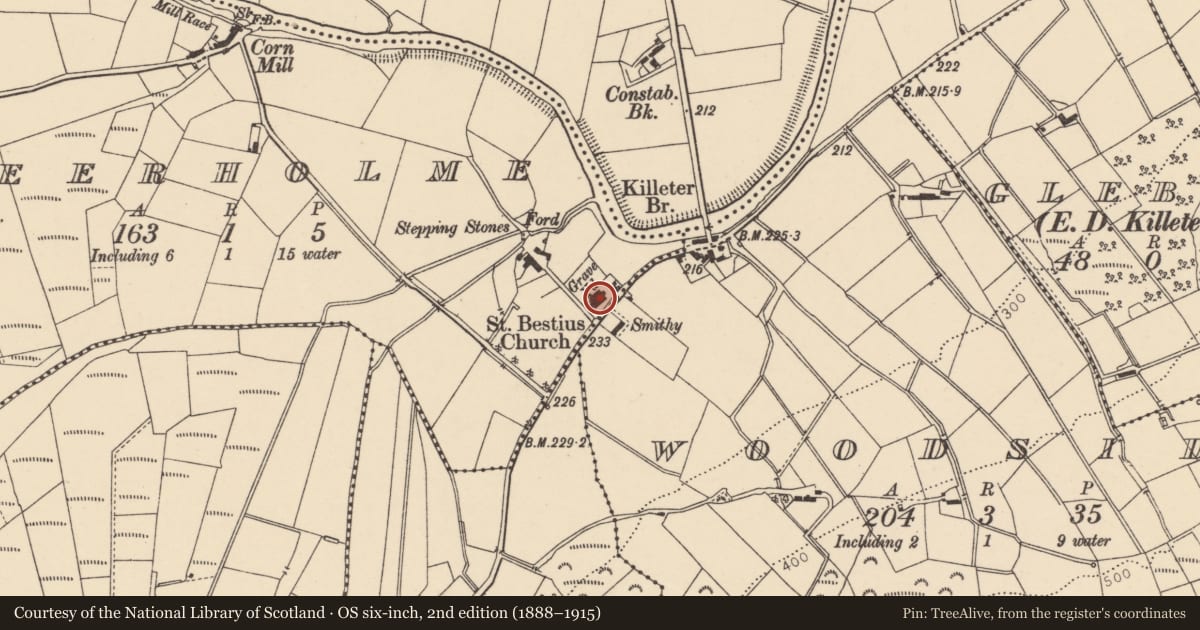 Ordnance Survey six-inch map, 2nd edition (1888–1915) covering the location of St Bestius' Church (C of I), Speerholme, Derry City and Strabane, with a pin at the register's coordinates