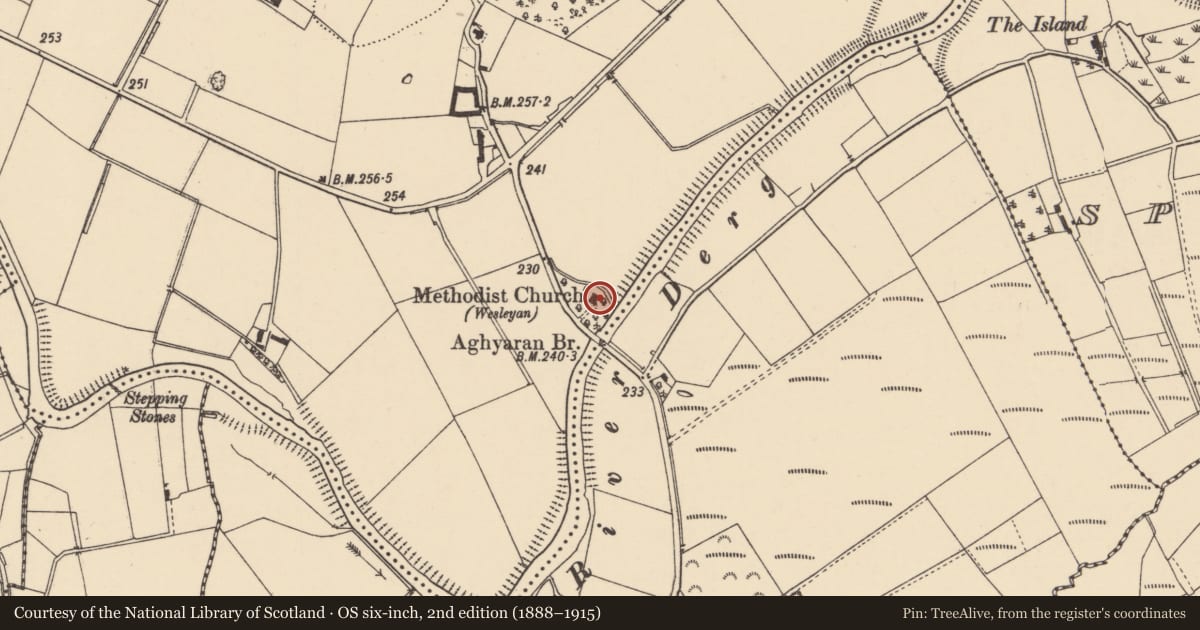 Ordnance Survey six-inch map, 2nd edition (1888–1915) covering the location of Aghyaran Methodist Church, Derry City and Strabane, with a pin at the register's coordinates