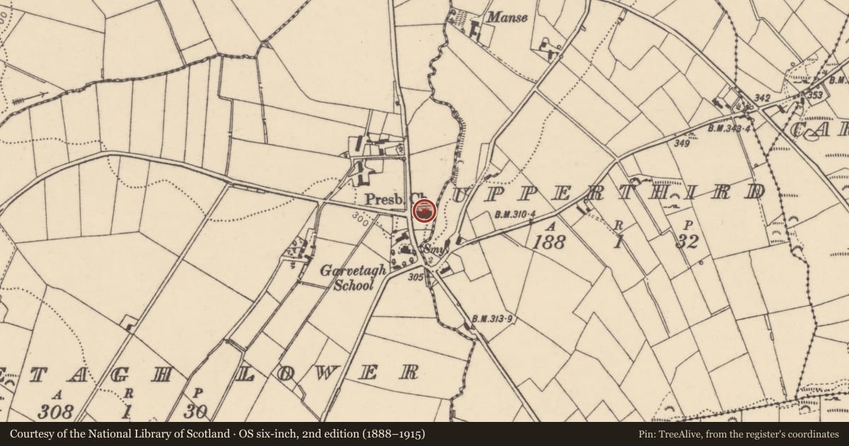 Ordnance Survey six-inch map, 2nd edition (1888–1915) covering the location of First Castlederg Presbyterian Church, Garvetagh Road, Garvetagh Lower, Derry City and Strabane, with a pin at the register's coordinates