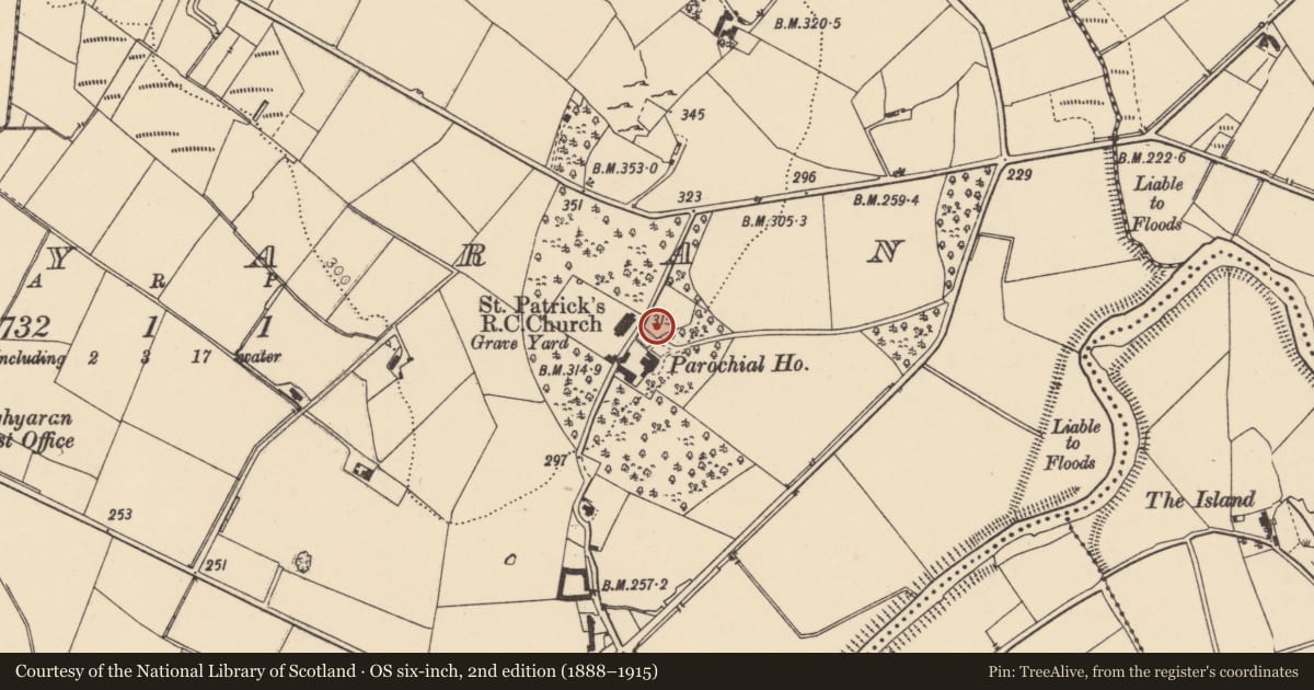 Ordnance Survey six-inch map, 2nd edition (1888–1915) covering the location of Parochial House, Church Road, Aghyaran, Co. Tyrone, Derry City and Strabane, with a pin at the register's coordinates