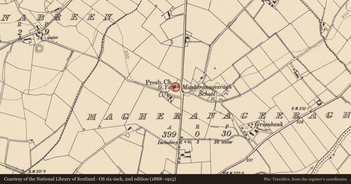 Ordnance Survey six-inch map, 2nd edition (1888–1915) covering the location of Killeter Parish Church, Derry City and Strabane, with a pin at the register's coordinates