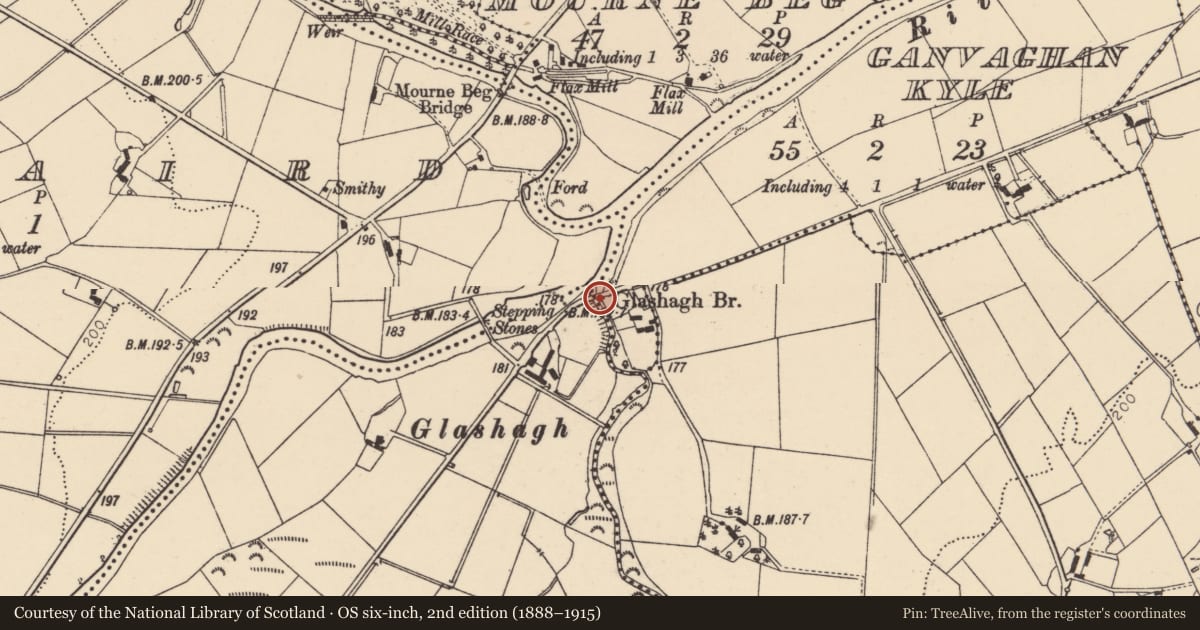 Ordnance Survey six-inch map, 2nd edition (1888–1915) covering the location of Glashagh Bridge No 1, Glashagh/Ganvaghan Kyle, Derry City and Strabane, with a pin at the register's coordinates