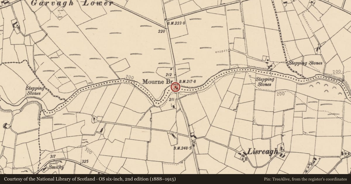 Ordnance Survey six-inch map, 2nd edition (1888–1915) covering the location of Mourne Bridge, Garvagh/Legatonegan, Derry City and Strabane, with a pin at the register's coordinates