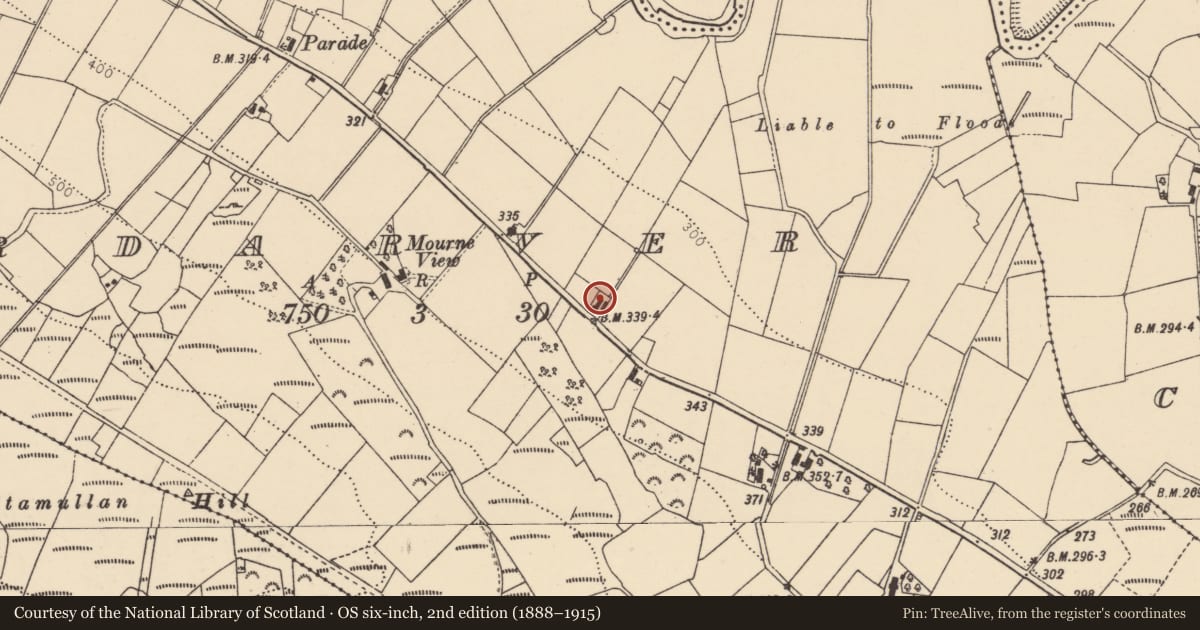 Ordnance Survey six-inch map, 2nd edition (1888–1915) covering the location of 35 Corgary Road, Ardarvar, Derry City and Strabane, with a pin at the register's coordinates