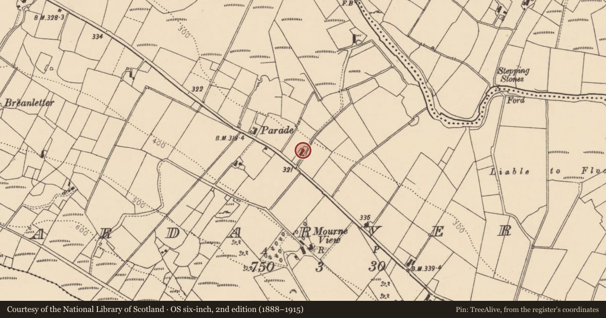 Ordnance Survey six-inch map, 2nd edition (1888–1915) covering the location of 39A Corgary Road, Ardarver, Derry City and Strabane, with a pin at the register's coordinates