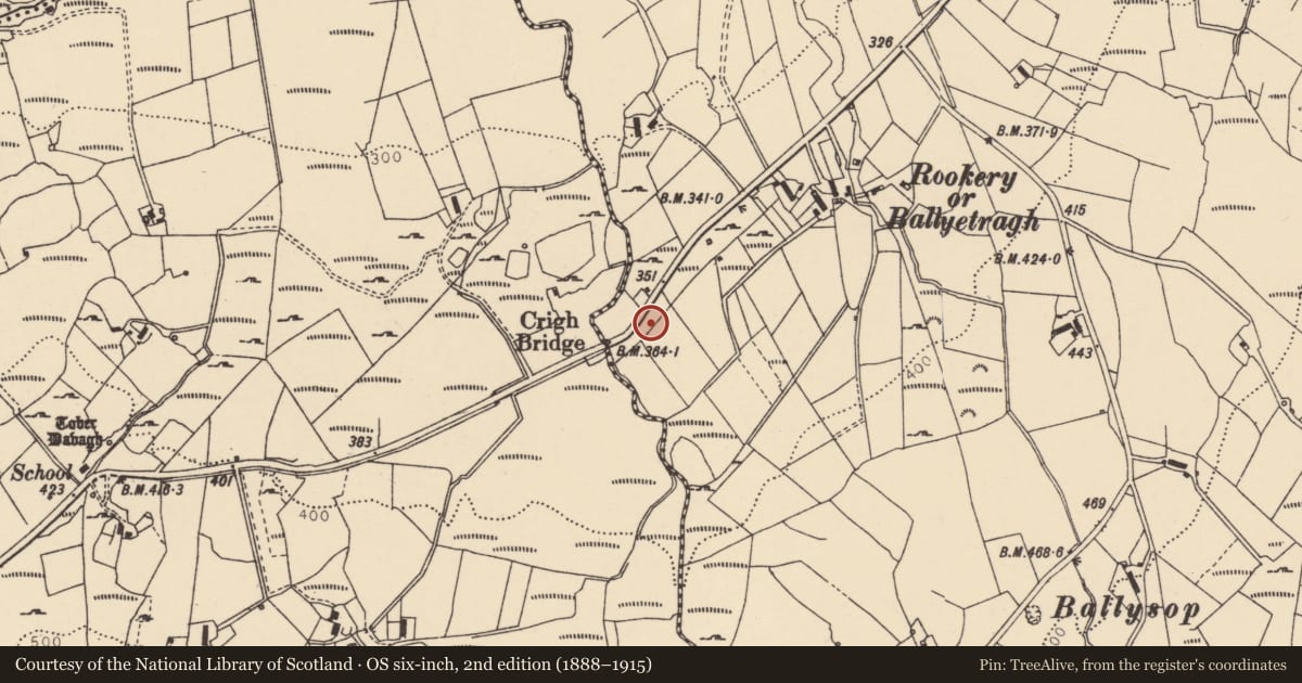 Ordnance Survey six-inch map, 2nd edition (1888–1915) covering the location of Former Croigh P.E. School, Derry City and Strabane, with a pin at the register's coordinates