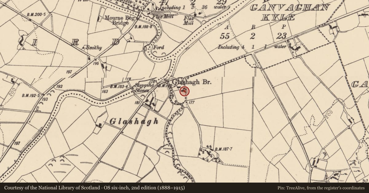 Ordnance Survey six-inch map, 2nd edition (1888–1915) covering the location of 58 Ganvaghan Road, Ganvaghan Kyle, Derry City and Strabane, with a pin at the register's coordinates