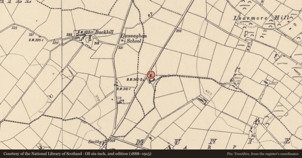 Ordnance Survey six-inch map, 2nd edition (1888–1915) covering the location of 44 Learmore Road, Derry City and Strabane, with a pin at the register's coordinates