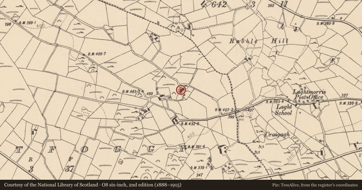 Ordnance Survey six-inch map, 2nd edition (1888–1915) covering the location of 29 Laght Road, Laghtfoggy, Derry City and Strabane, with a pin at the register's coordinates