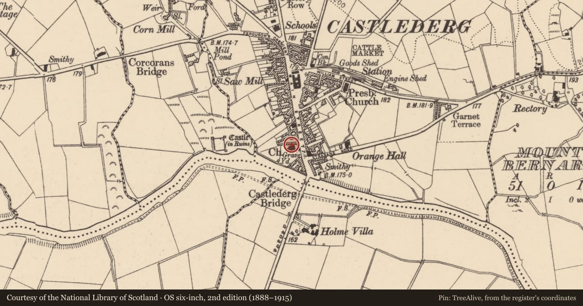Ordnance Survey six-inch map, 2nd edition (1888–1915) covering the location of Derg Parish Church, Castlederg, Derry City and Strabane, with a pin at the register's coordinates