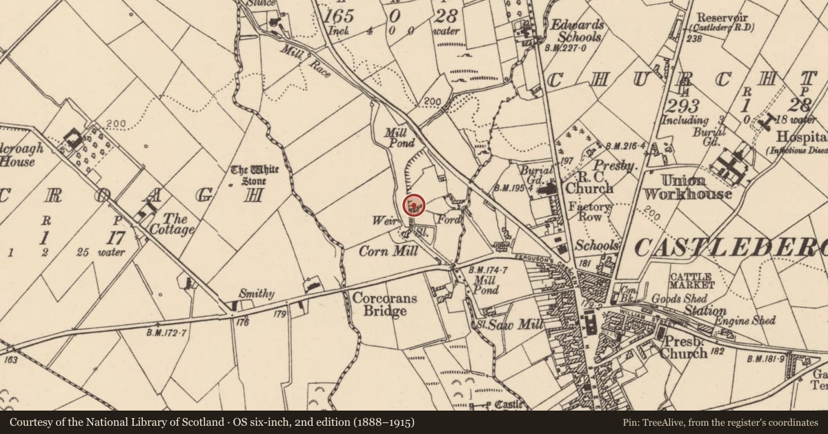 Ordnance Survey six-inch map, 2nd edition (1888–1915) covering the location of 7 Killeter Road, Castlesessagh, Derry City and Strabane, with a pin at the register's coordinates