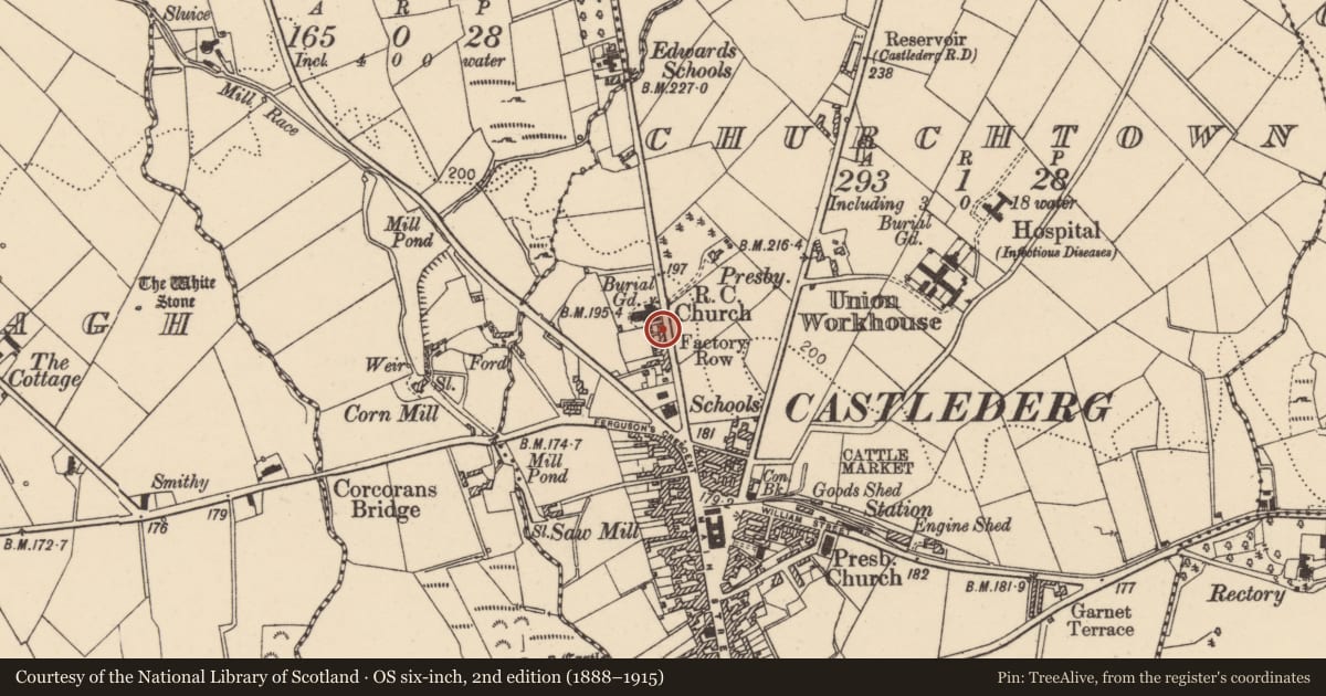 Ordnance Survey six-inch map, 2nd edition (1888–1915) covering the location of 8-14 Castlefinn Road, Churchtown, Derry City and Strabane, with a pin at the register's coordinates