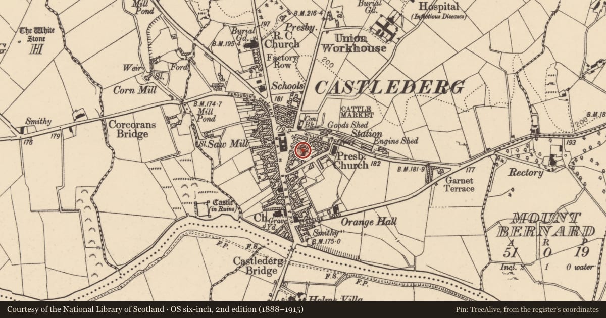 Ordnance Survey six-inch map, 2nd edition (1888–1915) covering the location of Castlederg Methodist Church, Derry City and Strabane, with a pin at the register's coordinates