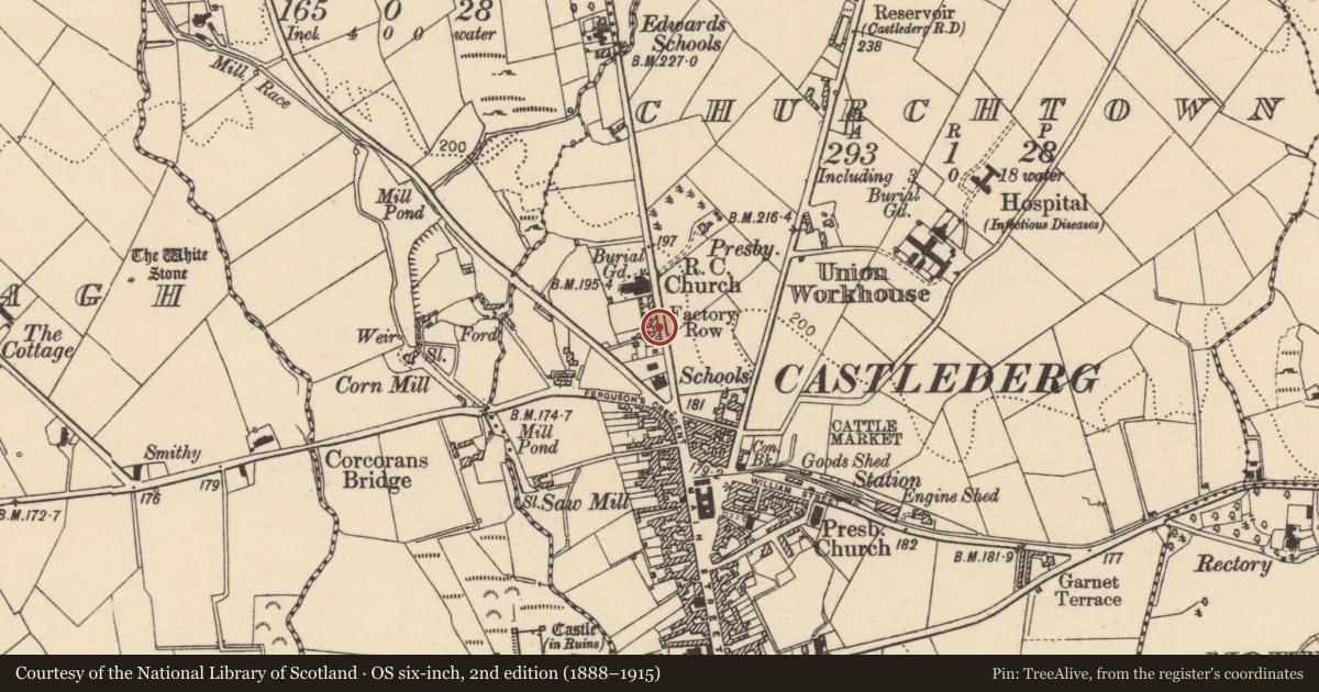 Ordnance Survey six-inch map, 2nd edition (1888–1915) covering the location of 4 Castlefin Road, Derry City and Strabane, with a pin at the register's coordinates