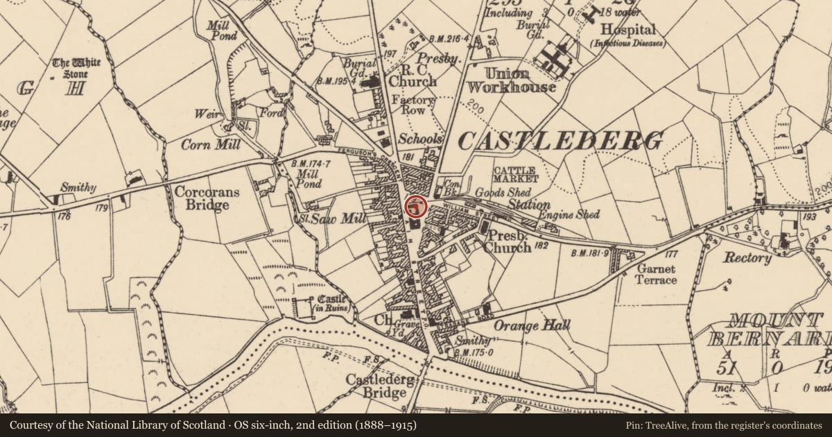 Ordnance Survey six-inch map, 2nd edition (1888–1915) covering the location of Court House, Derry City and Strabane, with a pin at the register's coordinates
