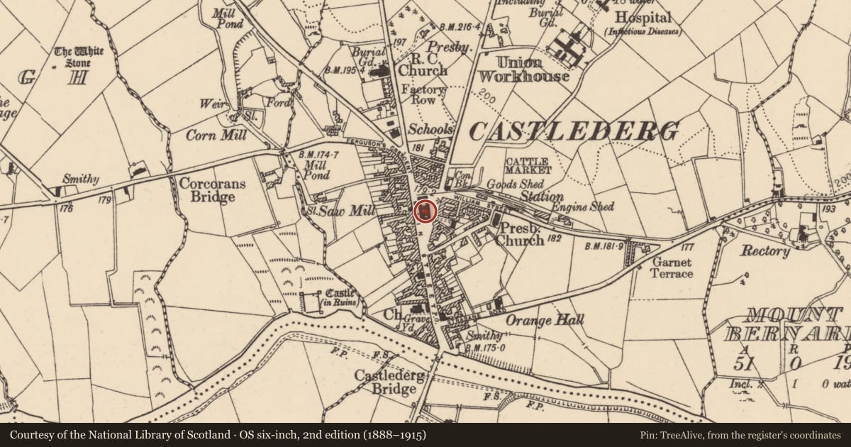 Ordnance Survey six-inch map, 2nd edition (1888–1915) covering the location of War Memorial, Derry City and Strabane, with a pin at the register's coordinates