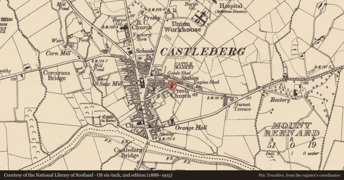 Ordnance Survey six-inch map, 2nd edition (1888–1915) covering the location of 2nd Presbyterian Church, Churchtown, Derry City and Strabane, with a pin at the register's coordinates