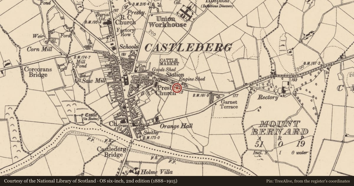 Ordnance Survey six-inch map, 2nd edition (1888–1915) covering the location of 12, 14, 16 & 18 & 20 Upper Strabane Road, Derry City and Strabane, with a pin at the register's coordinates