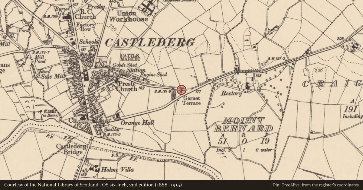 Ordnance Survey six-inch map, 2nd edition (1888–1915) covering the location of 48 Upper Strabane Road Castlederg, Derry City and Strabane, with a pin at the register's coordinates