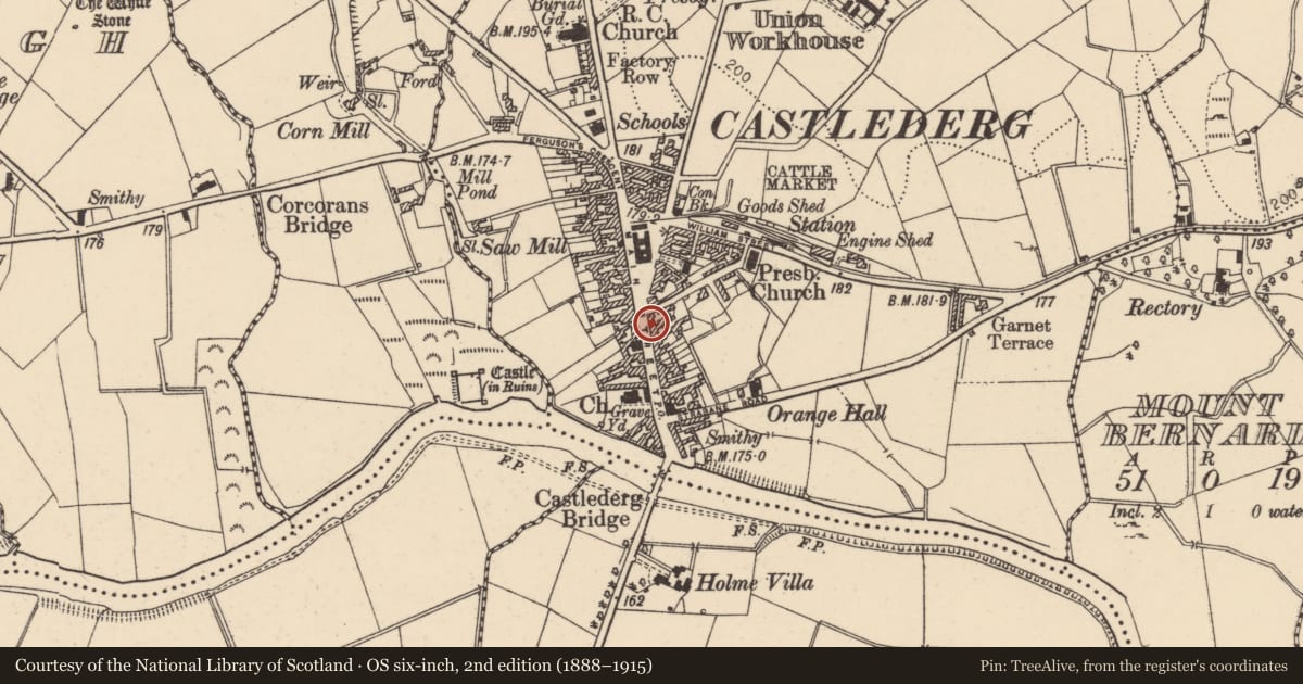 Ordnance Survey six-inch map, 2nd edition (1888–1915) covering the location of 38-40 Main Street, Derry City and Strabane, with a pin at the register's coordinates