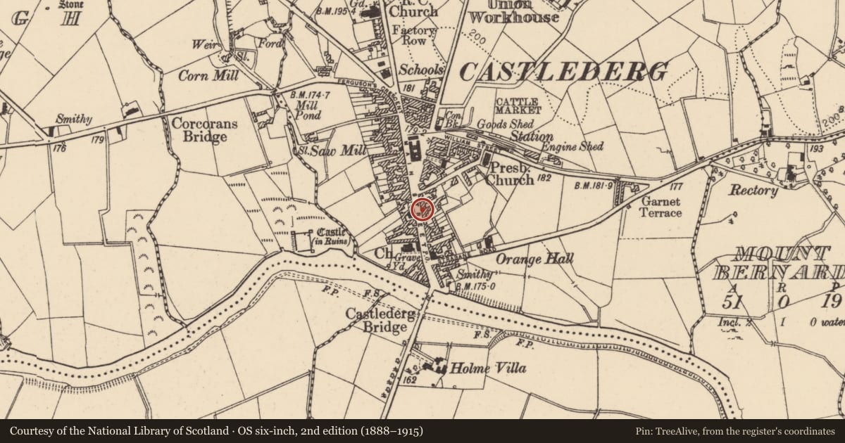 Ordnance Survey six-inch map, 2nd edition (1888–1915) covering the location of 34-36 Main Street, Derry City and Strabane, with a pin at the register's coordinates