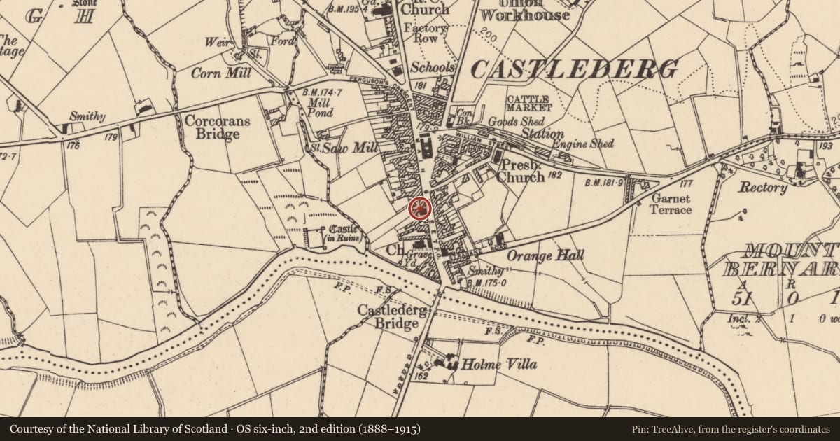 Ordnance Survey six-inch map, 2nd edition (1888–1915) covering the location of Ulster Bank, Churchtown, Derry City and Strabane, with a pin at the register's coordinates