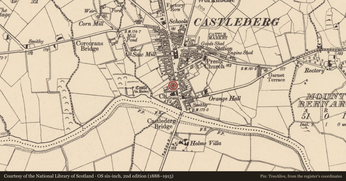 Ordnance Survey six-inch map, 2nd edition (1888–1915) covering the location of 19-21 Main Street, Churchtown, Derry City and Strabane, with a pin at the register's coordinates