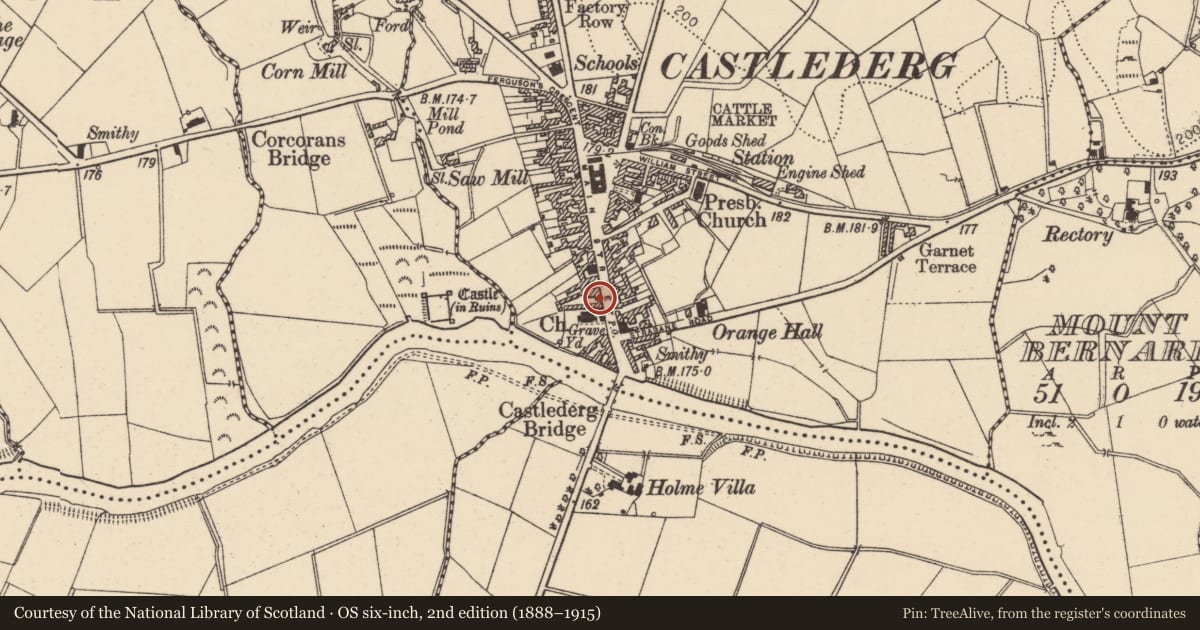 Ordnance Survey six-inch map, 2nd edition (1888–1915) covering the location of 17 Main Street, Churchtown, Derry City and Strabane, with a pin at the register's coordinates