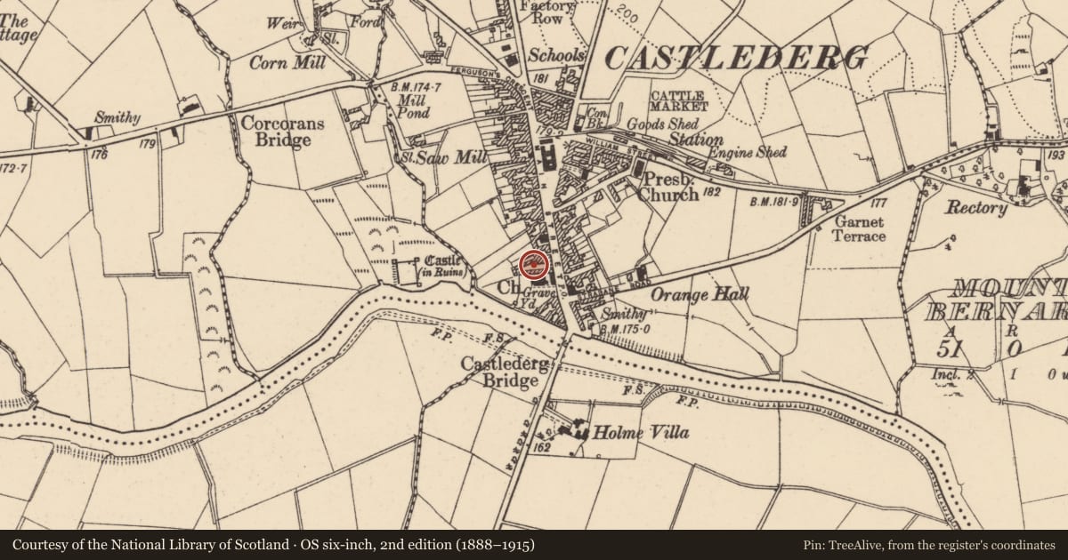 Ordnance Survey six-inch map, 2nd edition (1888–1915) covering the location of 2-9 The Entry, Churchtown, Derry City and Strabane, with a pin at the register's coordinates
