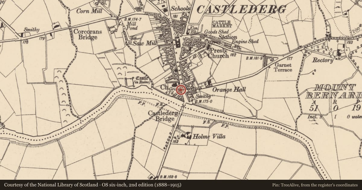 Ordnance Survey six-inch map, 2nd edition (1888–1915) covering the location of 9-11 Main Street, Derry City and Strabane, with a pin at the register's coordinates