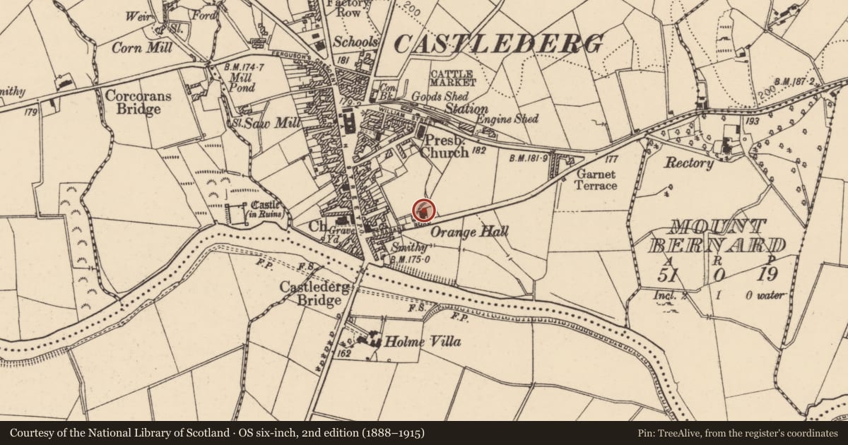 Ordnance Survey six-inch map, 2nd edition (1888–1915) covering the location of Orange Hall, Derry City and Strabane, with a pin at the register's coordinates