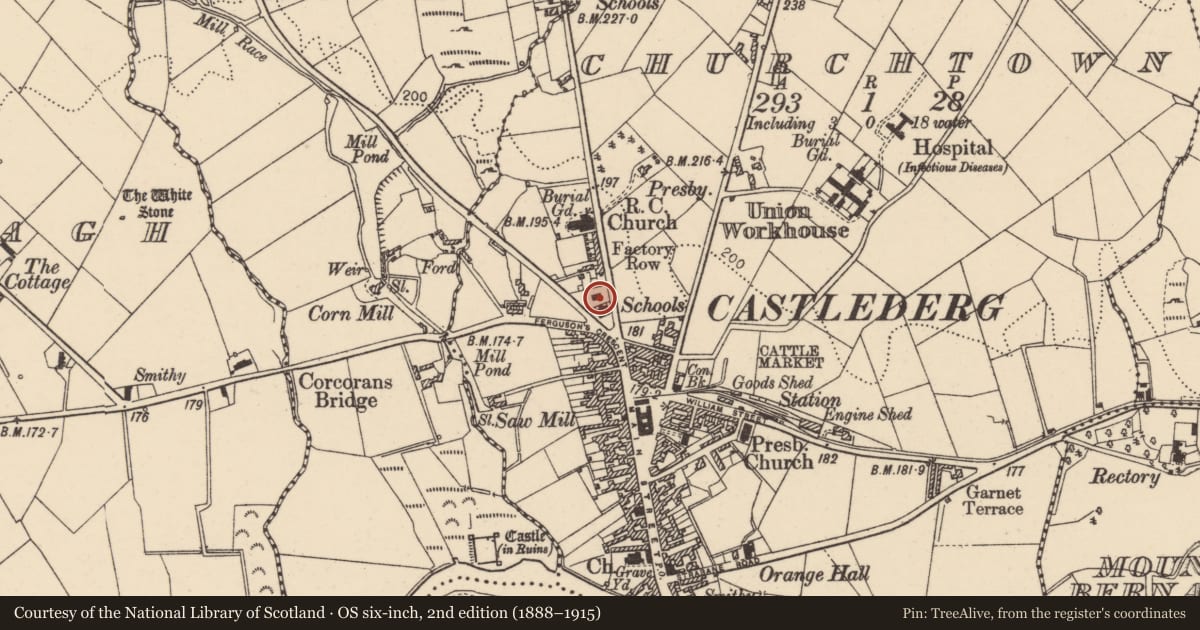 Ordnance Survey six-inch map, 2nd edition (1888–1915) covering the location of Scholar's Bar/Primary One, Castlesessagh, Derry City and Strabane, with a pin at the register's coordinates