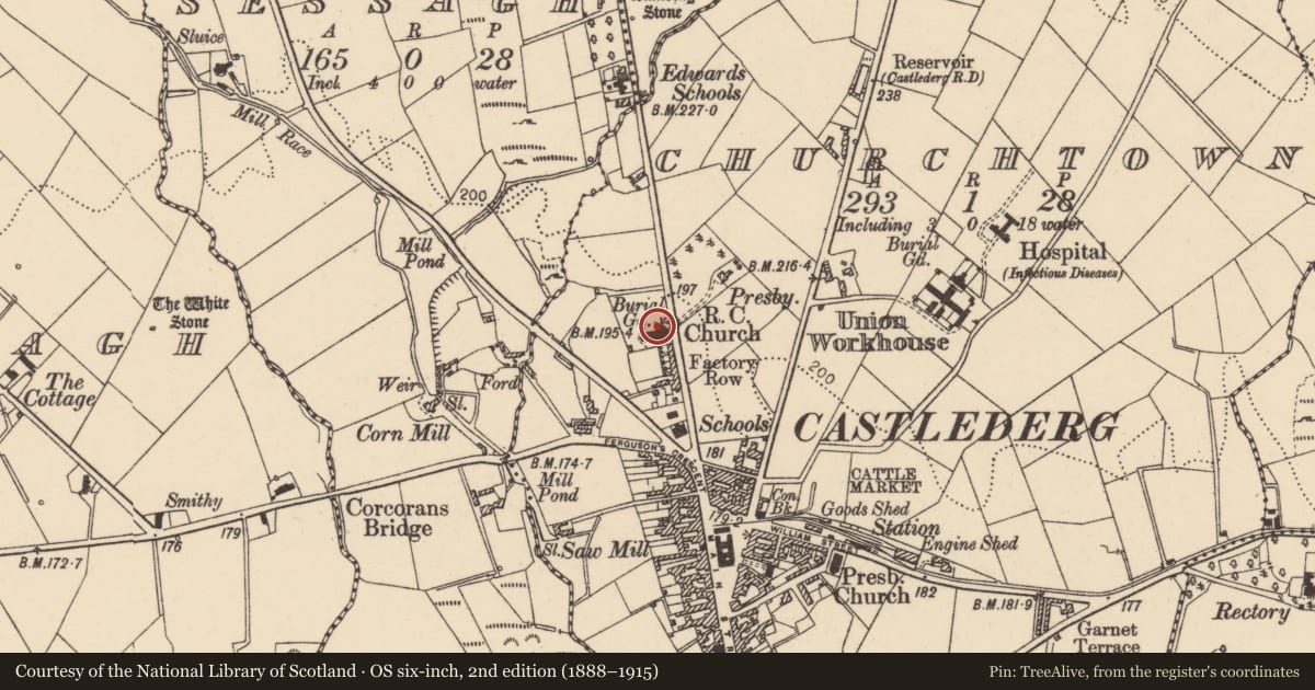 Ordnance Survey six-inch map, 2nd edition (1888–1915) covering the location of St Patrick's RC Church, Churchtown, Derry City and Strabane, with a pin at the register's coordinates