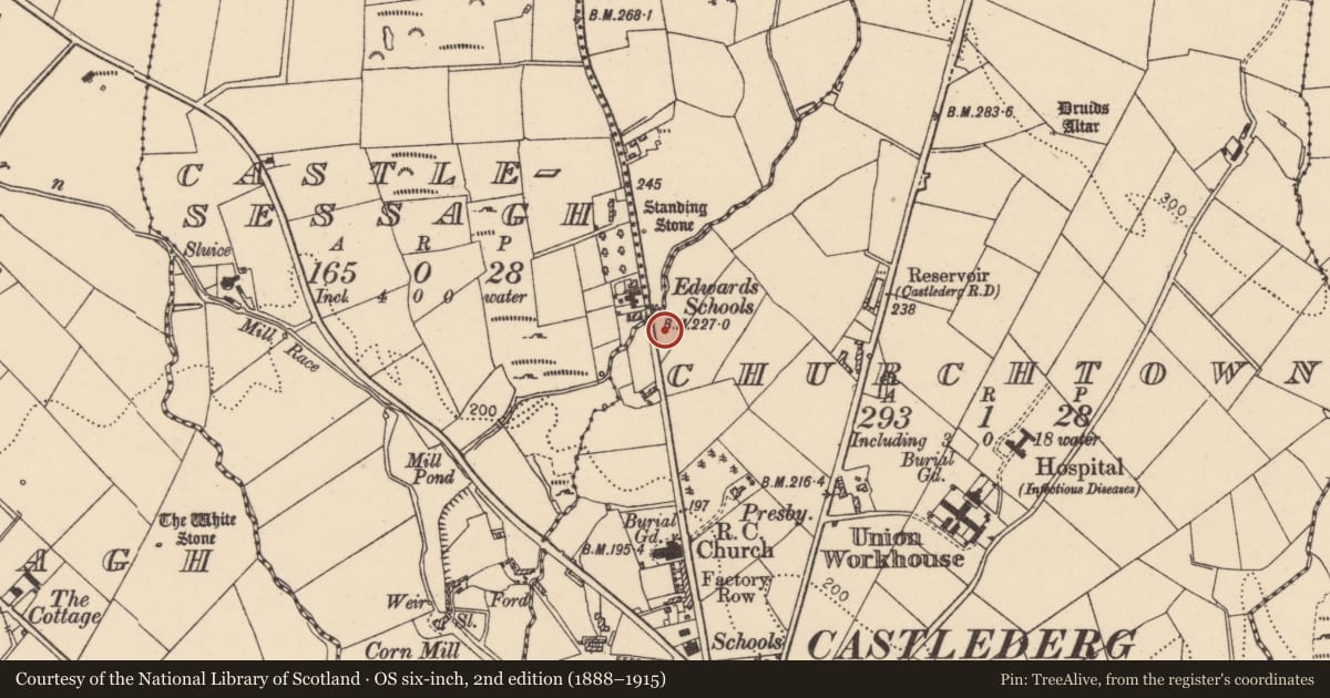 Ordnance Survey six-inch map, 2nd edition (1888–1915) covering the location of 37, 39, 41 & 41A Castlefin Road, Derry City and Strabane, with a pin at the register's coordinates