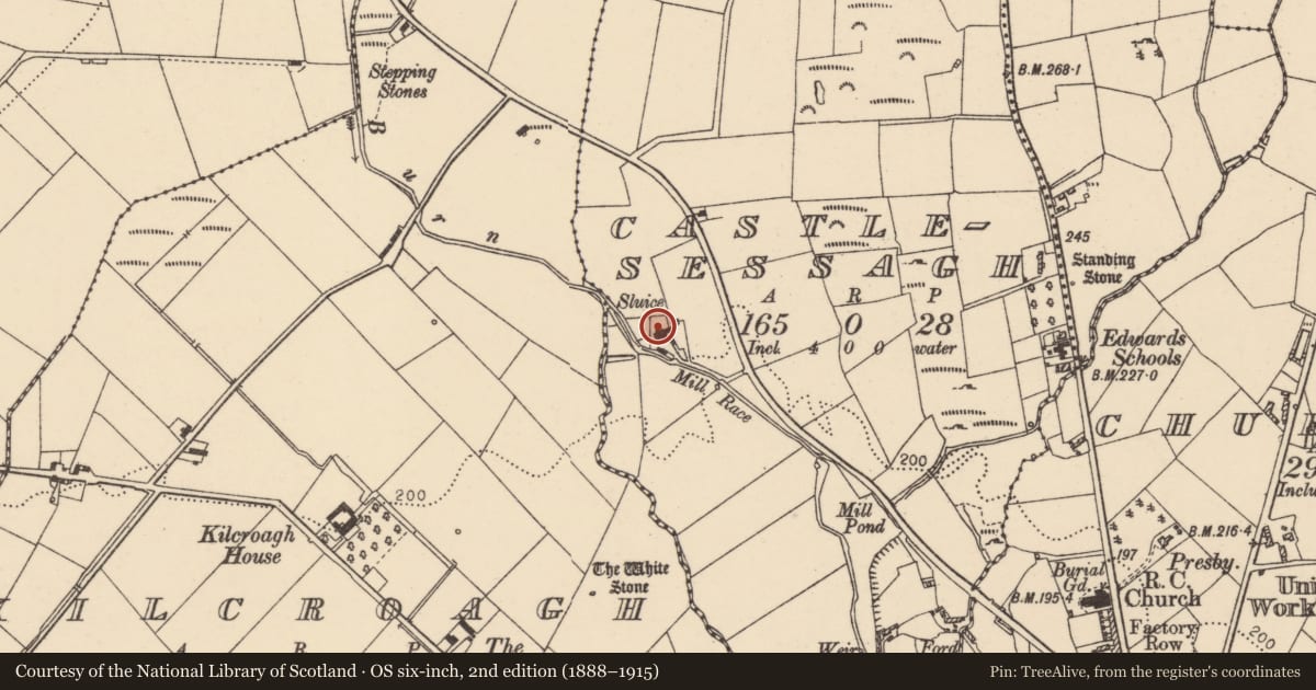 Ordnance Survey six-inch map, 2nd edition (1888–1915) covering the location of 32 Kilclean Road, Derry City and Strabane, with a pin at the register's coordinates