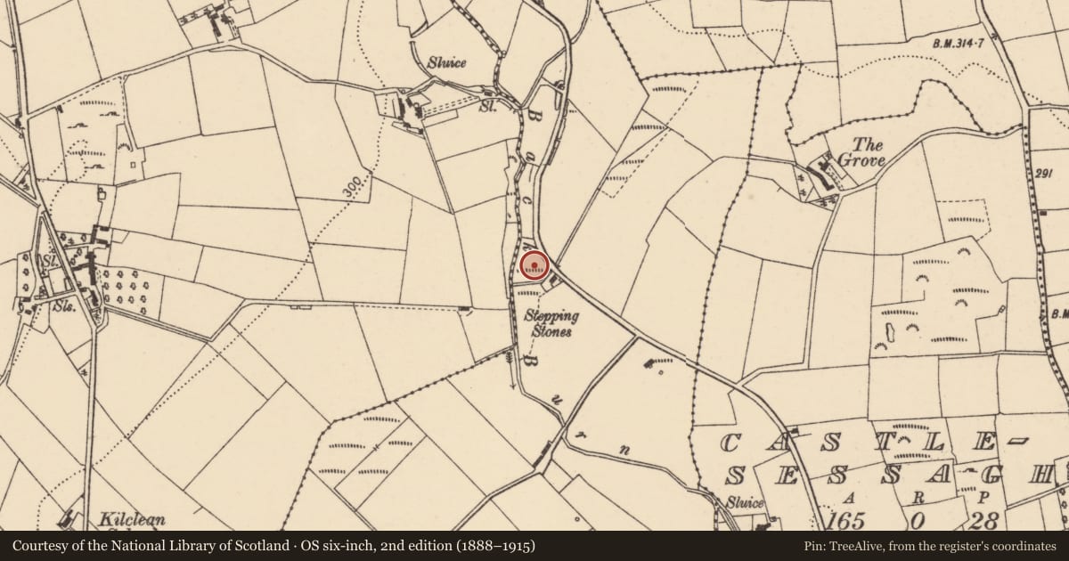 Ordnance Survey six-inch map, 2nd edition (1888–1915) covering the location of 46-50 Kilclean Road, Derry City and Strabane, with a pin at the register's coordinates