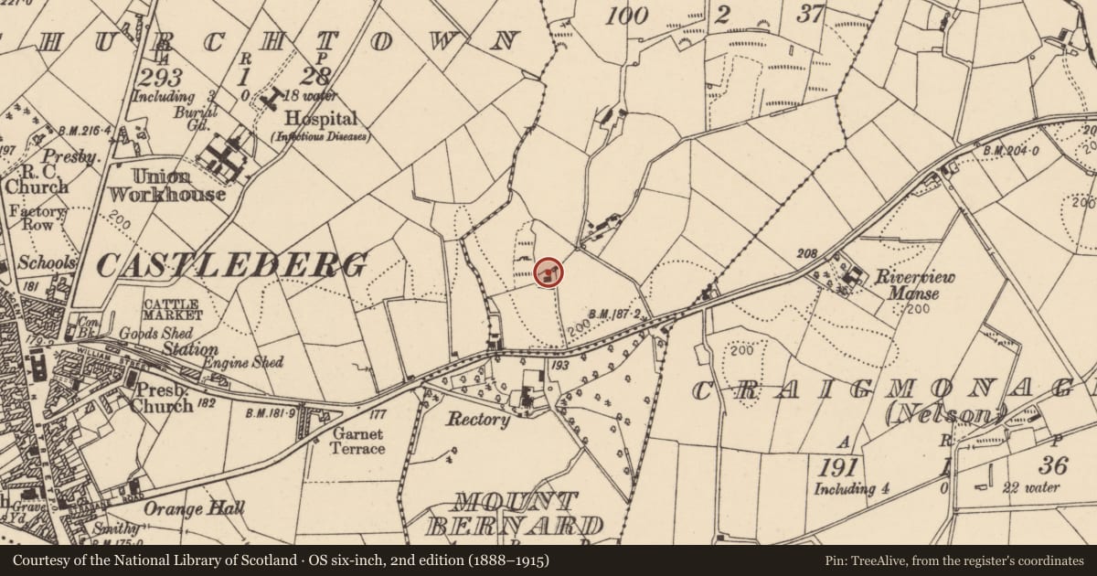 Ordnance Survey six-inch map, 2nd edition (1888–1915) covering the location of 28A Strabane Road, Mount Bernard, Derry City and Strabane, with a pin at the register's coordinates