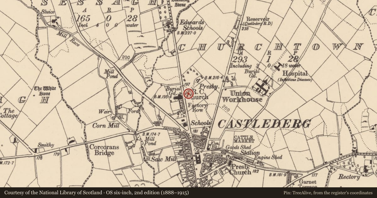 Ordnance Survey six-inch map, 2nd edition (1888–1915) covering the location of St. Patrick’s Parochial Hall, Derry City and Strabane, with a pin at the register's coordinates