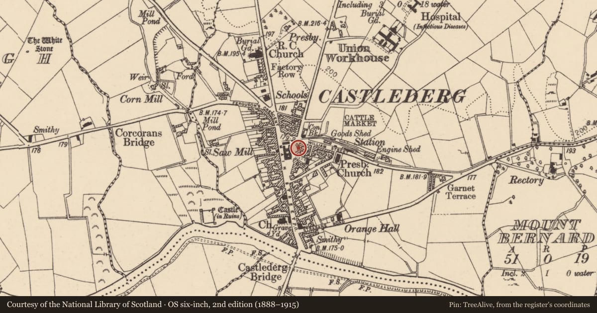 Ordnance Survey six-inch map, 2nd edition (1888–1915) covering the location of W.J. Kyle, Churchtown, Strabane, with a pin at the register's coordinates