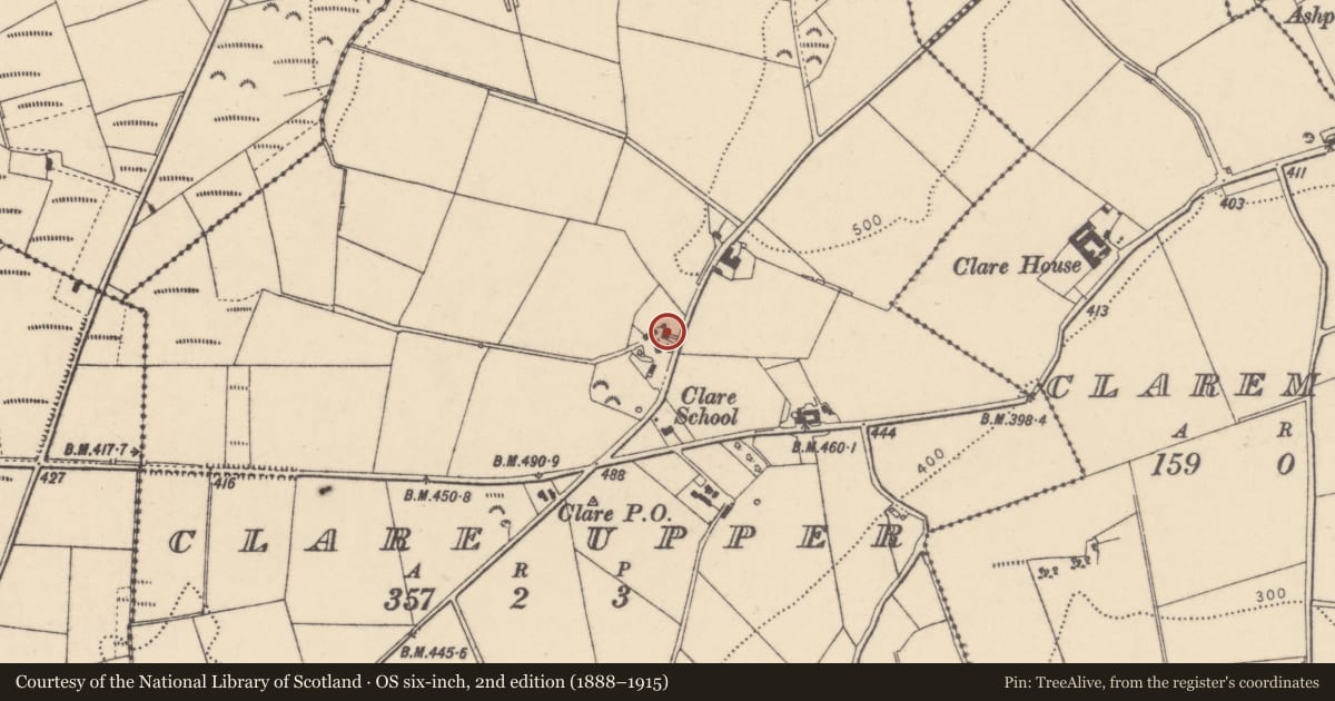Ordnance Survey six-inch map, 2nd edition (1888–1915) covering the location of Former house beside, Clare Upper, Derry City and Strabane, with a pin at the register's coordinates