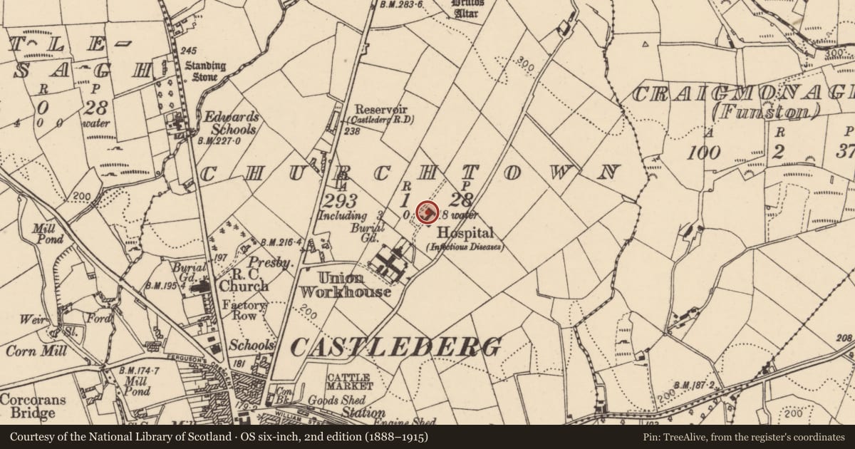 Ordnance Survey six-inch map, 2nd edition (1888–1915) covering the location of Derg Valley Hospital, Churchtown, Derry City and Strabane, with a pin at the register's coordinates