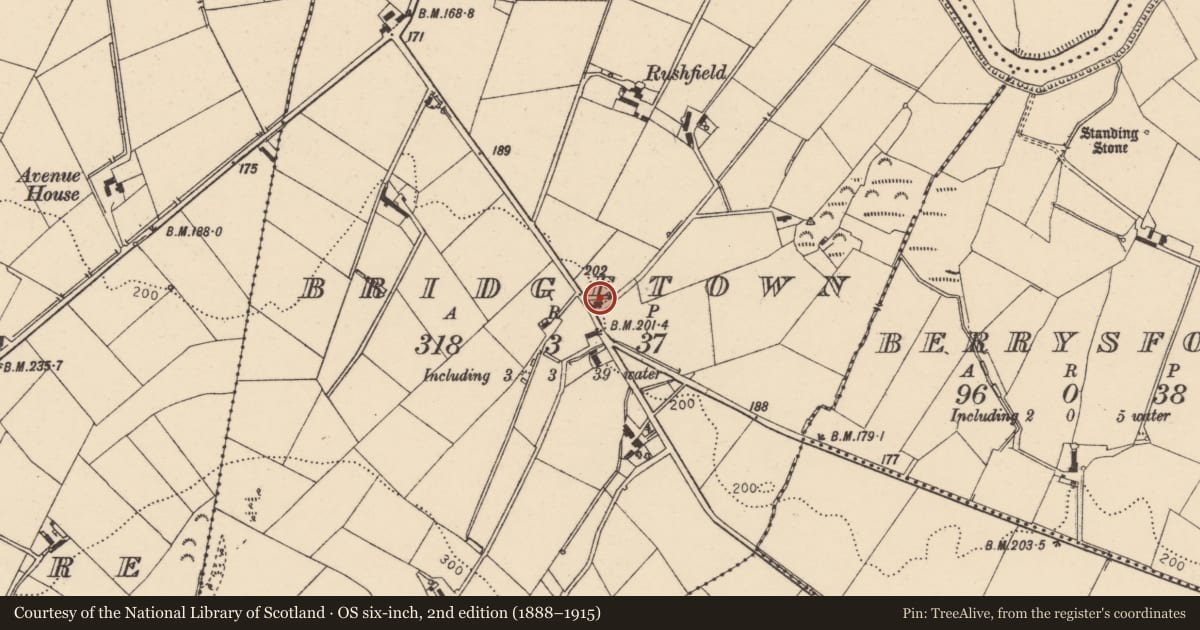 Ordnance Survey six-inch map, 2nd edition (1888–1915) covering the location of 12 Drumquin Road, Dunmoyle, Derry City and Strabane, with a pin at the register's coordinates