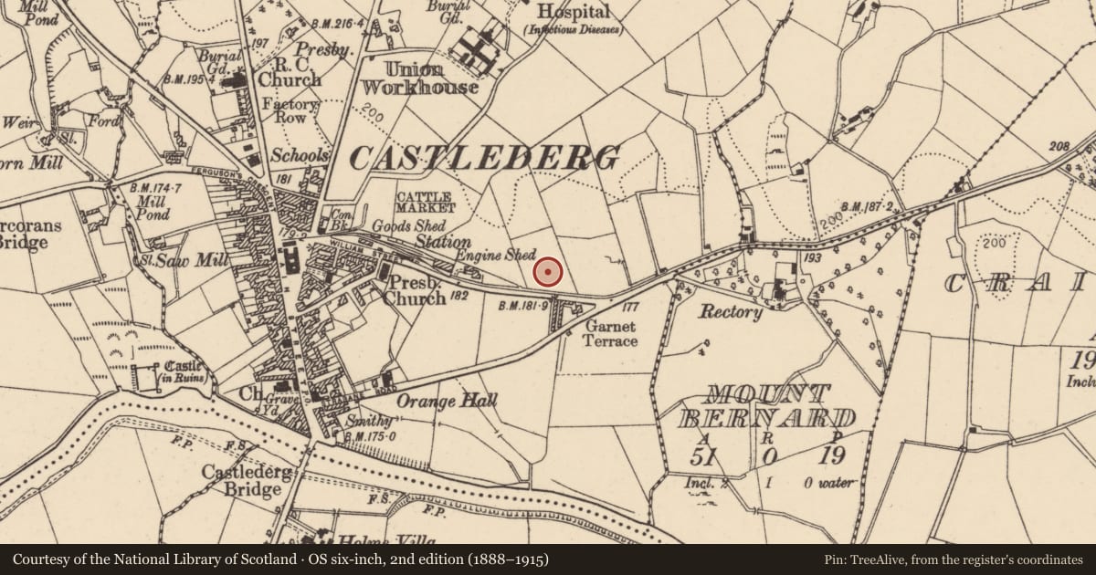 Ordnance Survey six-inch map, 2nd edition (1888–1915) covering the location of Criggan House, Churchtown, Derry City and Strabane, with a pin at the register's coordinates