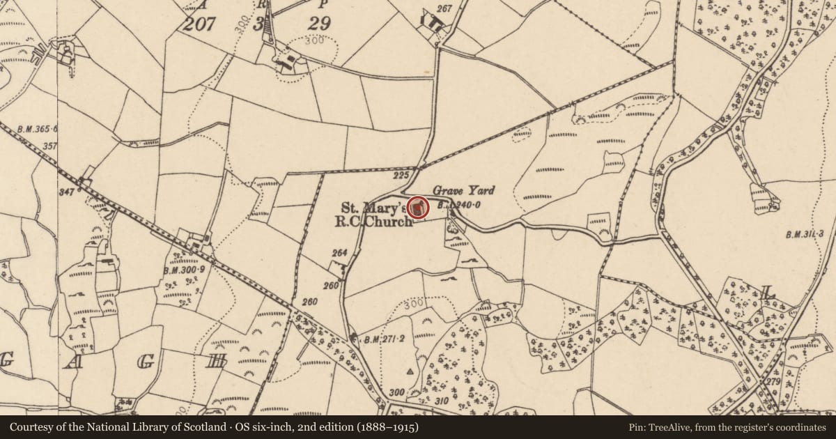 Ordnance Survey six-inch map, 2nd edition (1888–1915) covering the location of St. Mary's RC Church, Envagh, Derry City and Strabane, with a pin at the register's coordinates