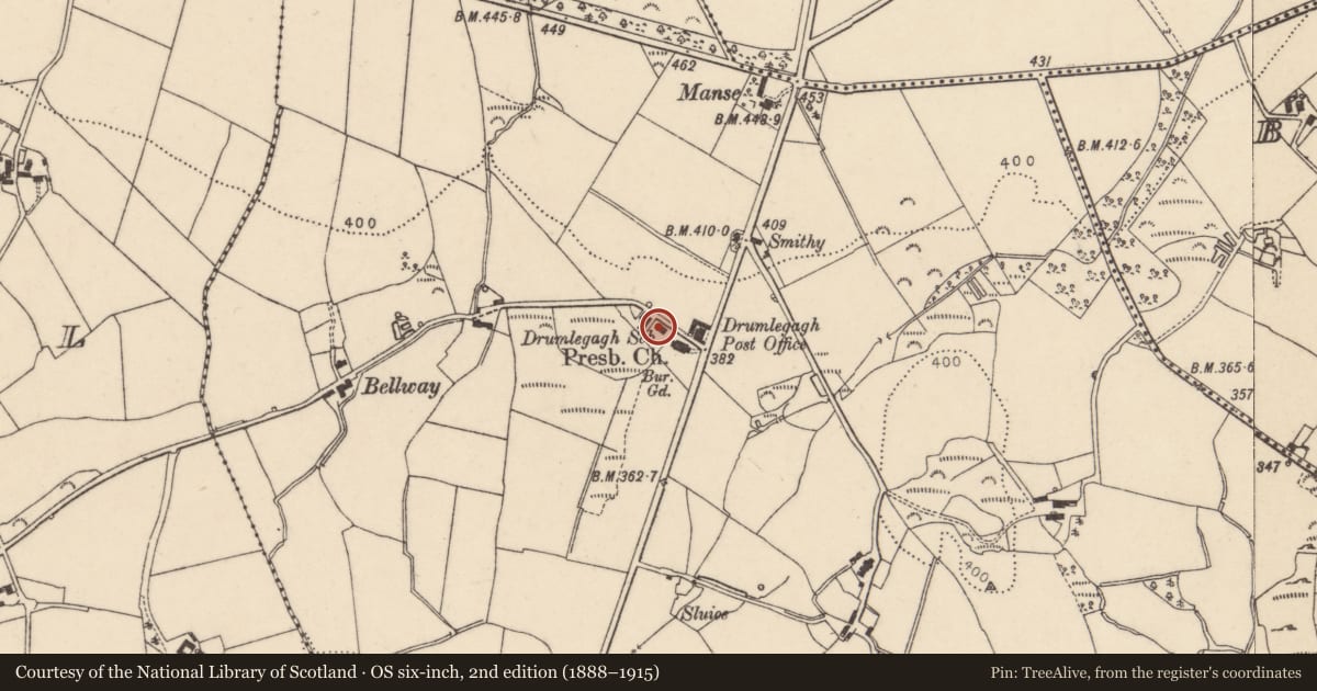 Ordnance Survey six-inch map, 2nd edition (1888–1915) covering the location of Drumlegagh Presbyterian Church, Derry City and Strabane, with a pin at the register's coordinates